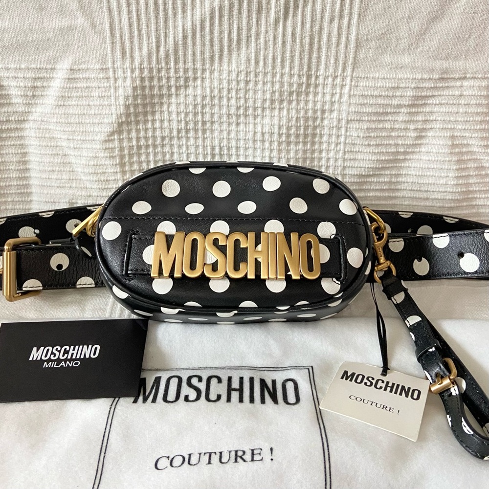 NWT Moschino Black White Polka Dot Leather Belt Bag
